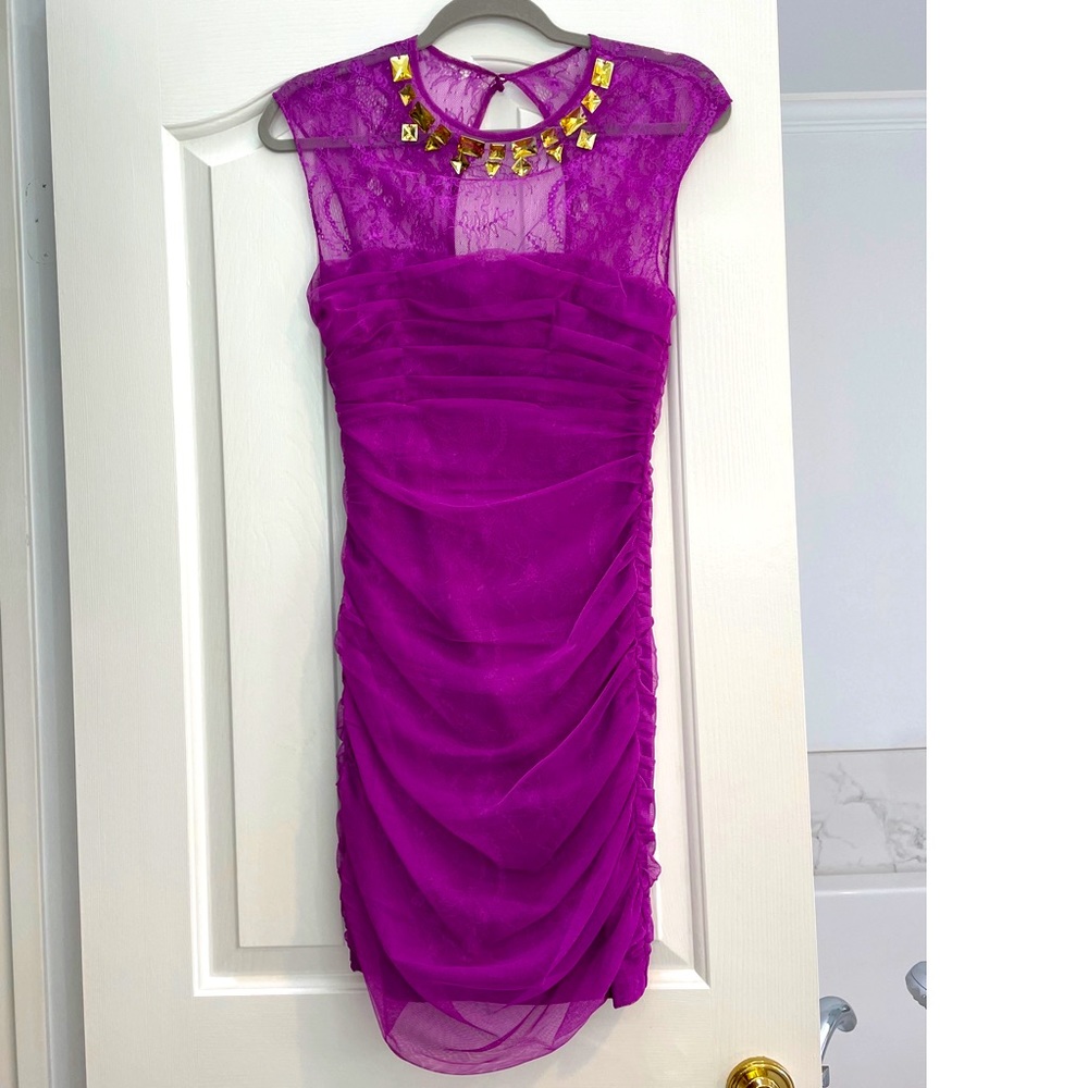 Bebe rouched purple/pink dress with stone detail (Size S)